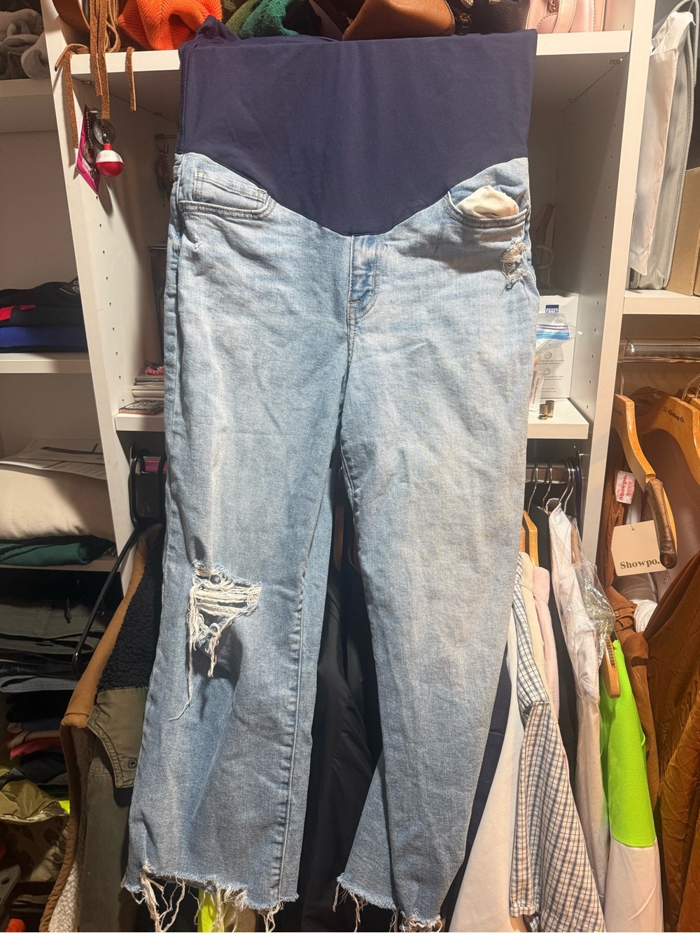 Pinkblush Light Blue Distressed Maternity Ankle Jeans with Navy Panel